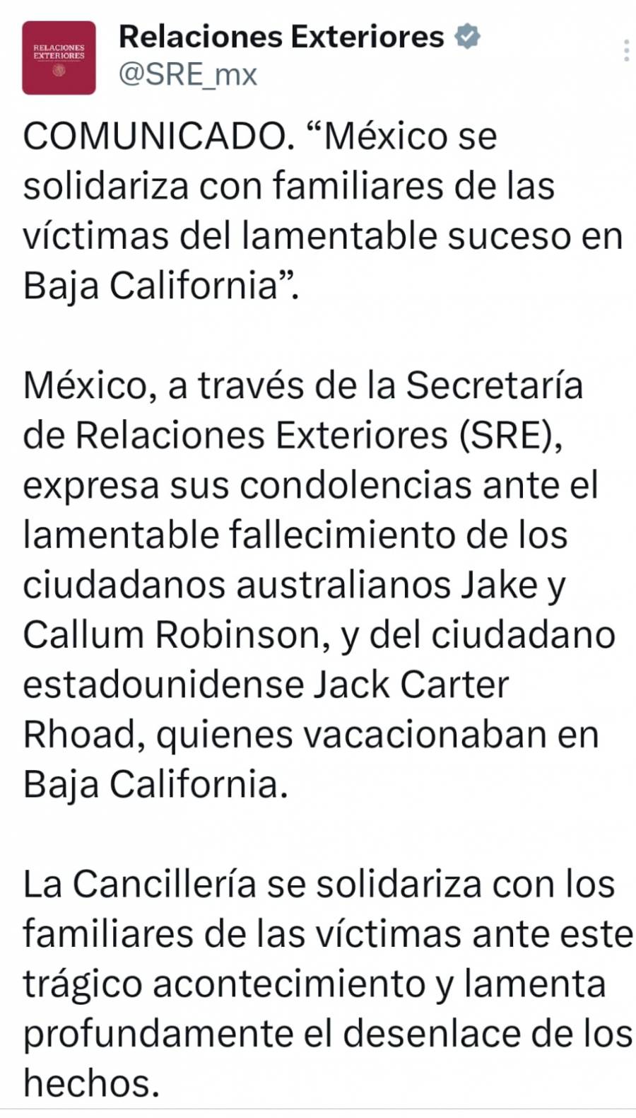 México expresa sus condolencias con familiares de los extranjeros asesinados en Baja California