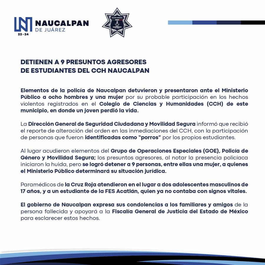 Detenidos 9 presuntos agresores tras incidente violento en CCH Naucalpan