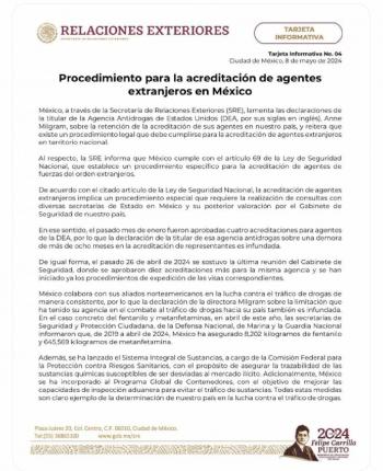SRE lamenta declaraciones de la DEA respecto a que M&eacute;xico no les ha actualizado visas a sus agentes; deben cumplir con procedimiento legal, dice