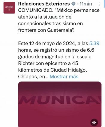 México permanece atento a la situación de connacionales tras sismo en frontera con Guatemala