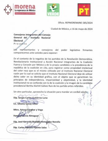 Morena formaliza petición para que el INE deje de usar el color rosa en su identidad oficial, ya que también lo utiliza la oposición