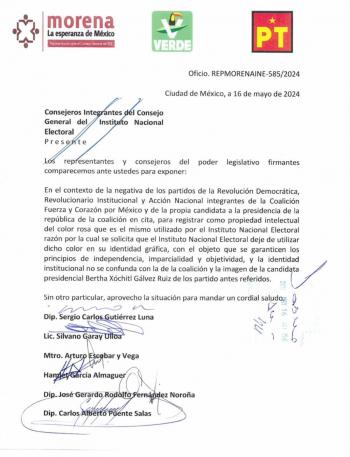 Morena formaliza petici&oacute;n para que el INE deje de usar el color rosa en su identidad oficial, ya que tambi&eacute;n lo utiliza la oposici&oacute;n