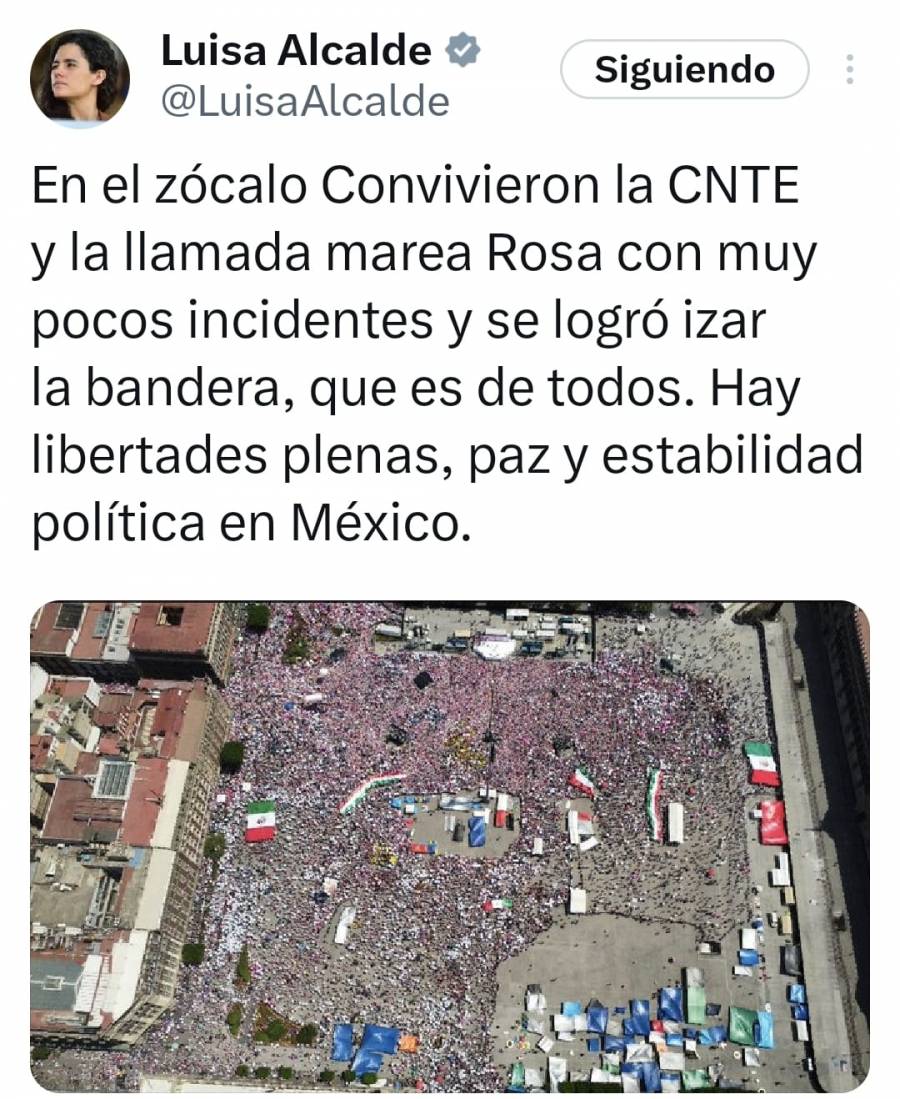 Alcalde asegura que lograron convivir la CNTE y Marea Rosa en Zócalo, pues hay libertades plenas, paz y estabilidad en México