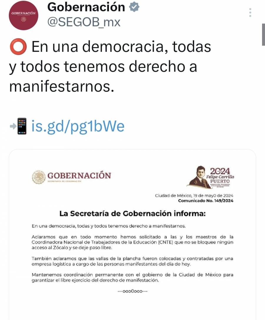 Segob pidió a CNTE permitir libre tránsito al Zócalo, y señala que vallas colocadas son de los manifestantes del “día de hoy”