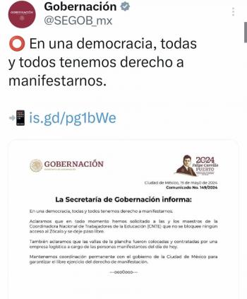 Segob pidi&oacute; a CNTE permitir libre tr&aacute;nsito al Z&oacute;calo, y se&ntilde;ala que vallas colocadas son de los manifestantes del “d&iacute;a de hoy”