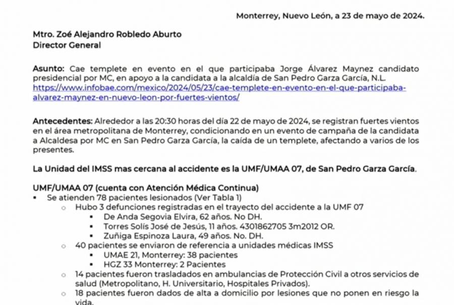 IMSS reporta que 110 personas resultaron lesionadas en acto de campa&ntilde;a de MC por ca&iacute;da de templete; fue un ni&ntilde;o de 11 a&ntilde;os una de las v&iacute;ctimas mortales
