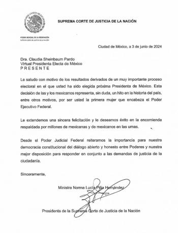 SCJN felicita a Sheinbaum por su triunfo en las elecciones; pide di&aacute;logo entre ambos poderes