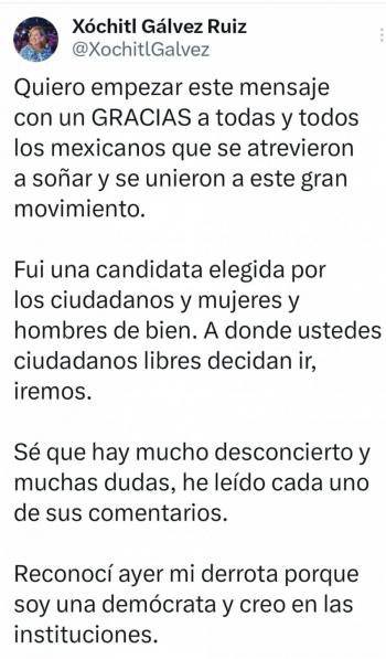 “Esto no termina aqu&iacute;”, recula X&oacute;chitl G&aacute;lvez al informar que impugnar&aacute; elecciones