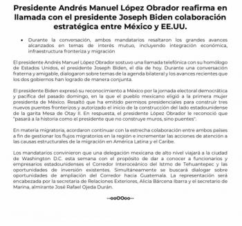 “Biden pasar&aacute; a la historia como el presidente que no construye muros sino puentes”, AMLO de Biden