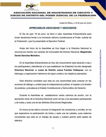 Renuncia director de Asociaci&oacute;n Nacional de Magistrados y Jueces, lo suple Juana Fuentes