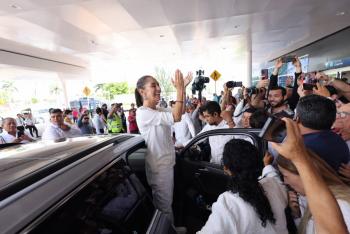 Sheinbaum llega a M&eacute;rida para continuar gira con AMLO