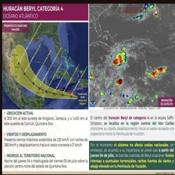 Hurac&aacute;n Beryl entrar&aacute; entre Tulum y Carrillo Puerto, la noche del 4 de julio o madrugada del 5