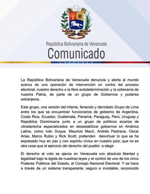 Gobierno de Venezuela denuncia la intervención de nueve países en elecciones