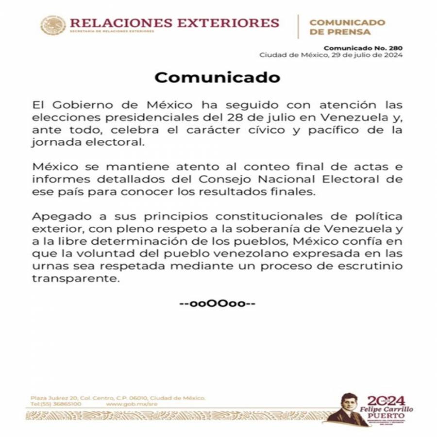 Comunicado oficial de la Secretaría de Relaciones Exteriores tras elecciones en Venezuela