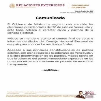 Comunicado oficial de la Secretar&iacute;a de Relaciones Exteriores tras elecciones en Venezuela