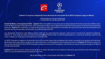 Caliente TV transmitir&aacute; la Champions League 2024-2025 y ampliar&aacute; su cat&aacute;logo