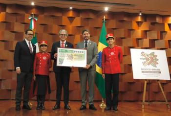 M&eacute;xico y Brasil develan billete de loter&iacute;a conmemorativo del 190 aniversario de relaciones diplom&aacute;ticas