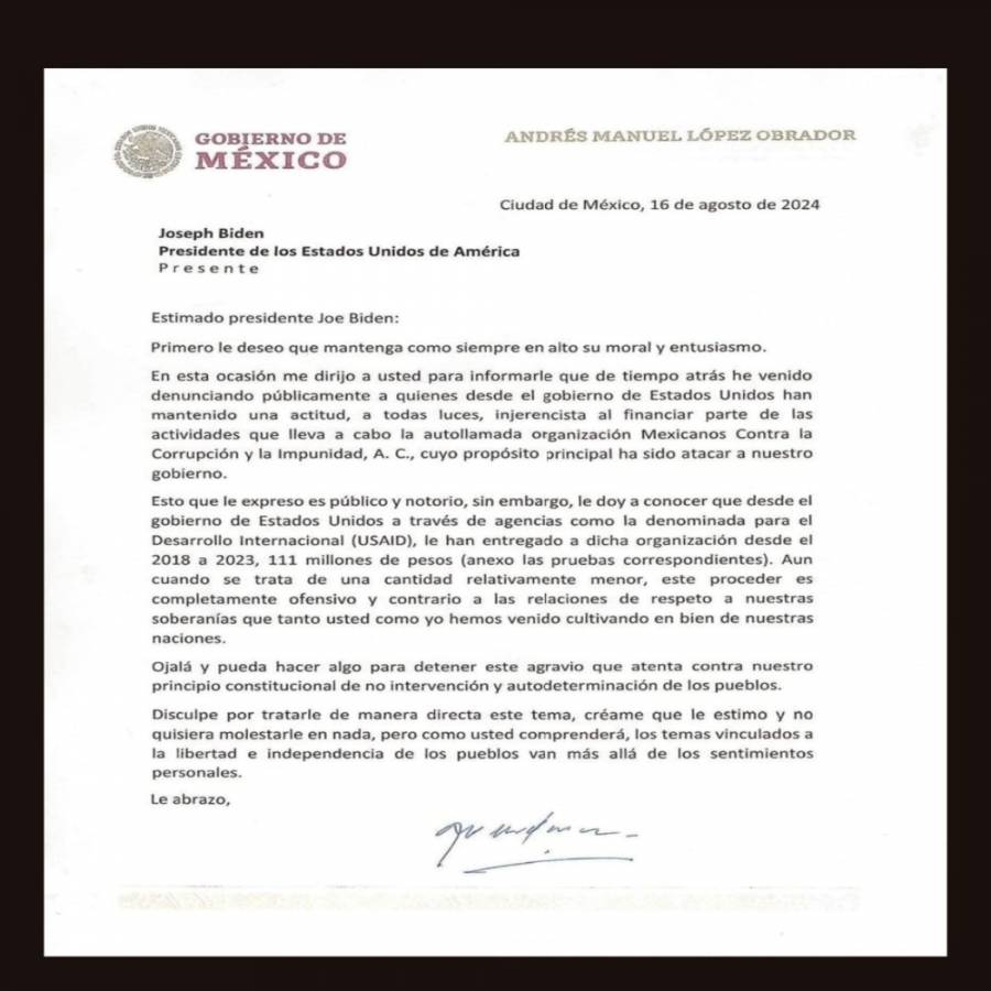 AMLO revela carta enviada a Biden para frenar financiamiento a MCCI ¿Qué dice?