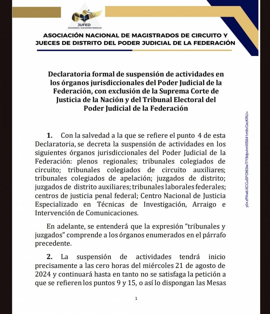 JUFED emite declaratoria de inicio de paro de labores indefinido