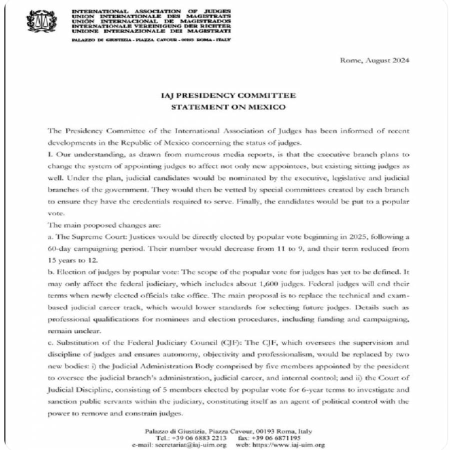 Asociación Internacional de Jueces pide reconsiderar reforma judicial en México