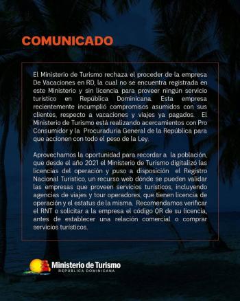 Ministerio de Turismo de Rep&uacute;blica Dominicana rechaza agencia de viajes no registrada tras quejas de turistas atrapados en Colombia