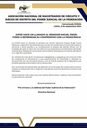 Llama JUFED a senador Yunes a no sumarse al oficialismo en el Senado