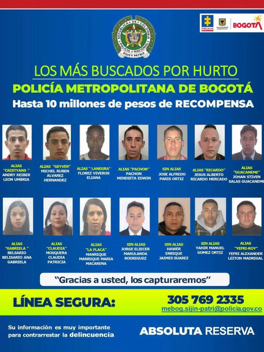 Los m&aacute;s buscados por hurto en Bogot&aacute;, ofrecen 10 millones de pesos por cada uno