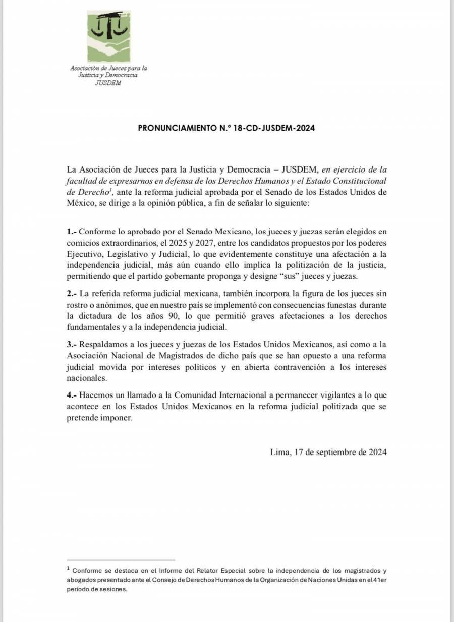 Asociación de jueces de Perú se solidariza con los de México ante reforma Judicial “politizada”