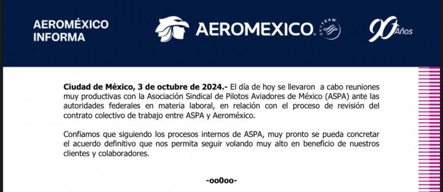 Avanzan negociaciones entre Aeroméxico y pilotos de ASPA