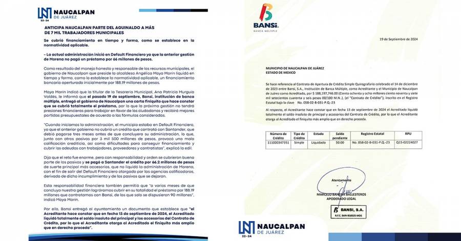 Naucalpan liquida crédito bancario de 188.19 MDP