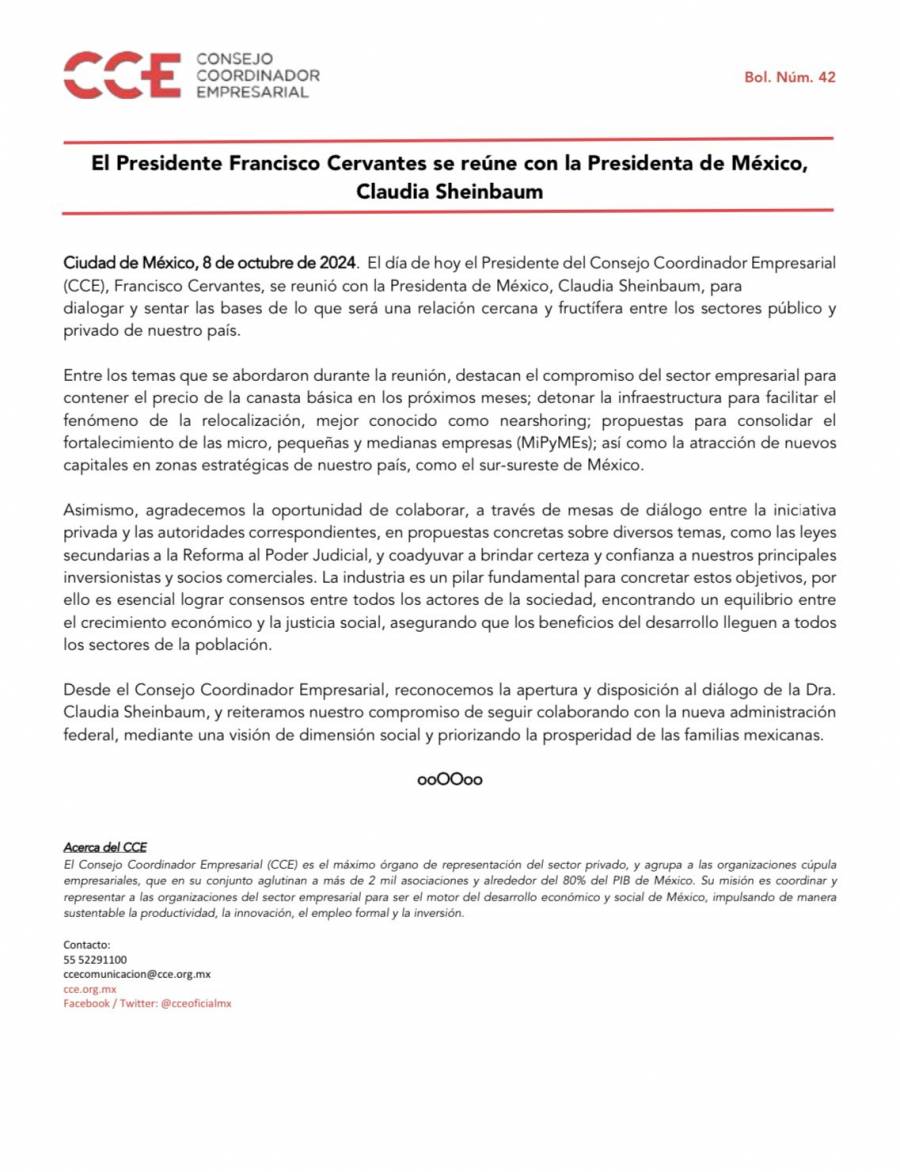 Claudia Sheinbaum se reúne con líder del Consejo Coordinador Empresarial para discutir próximas inversiones en México