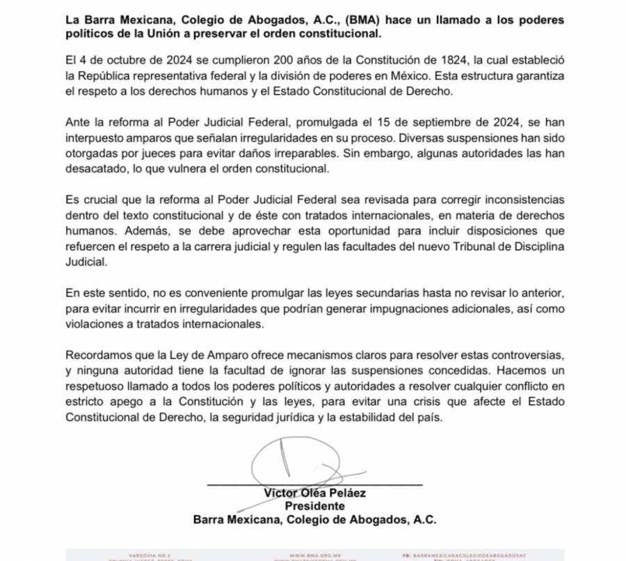 BMA exige a poderes políticos evitar crisis y respetar suspensiones a reforma judicial