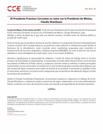 Claudia Sheinbaum se re&uacute;ne con l&iacute;der del Consejo Coordinador Empresarial para discutir pr&oacute;ximas inversiones en M&eacute;xico