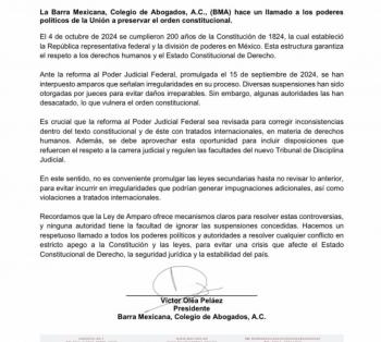 BMA exige a poderes pol&iacute;ticos evitar crisis y respetar suspensiones a reforma judicial