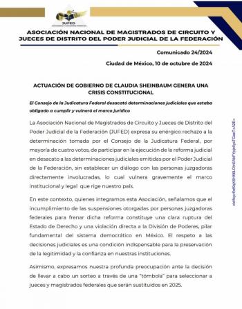 JUFED se&ntilde;ala desacato por parte del propio CJF y acusa que Gobierno de Sheinbaum genera crisis constitucional