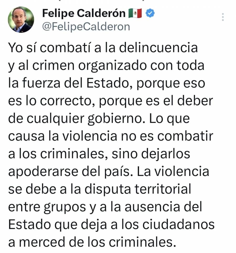 Sheinbaum califica de cinismo mensaje de Calderón sobre que él si combatió al narco