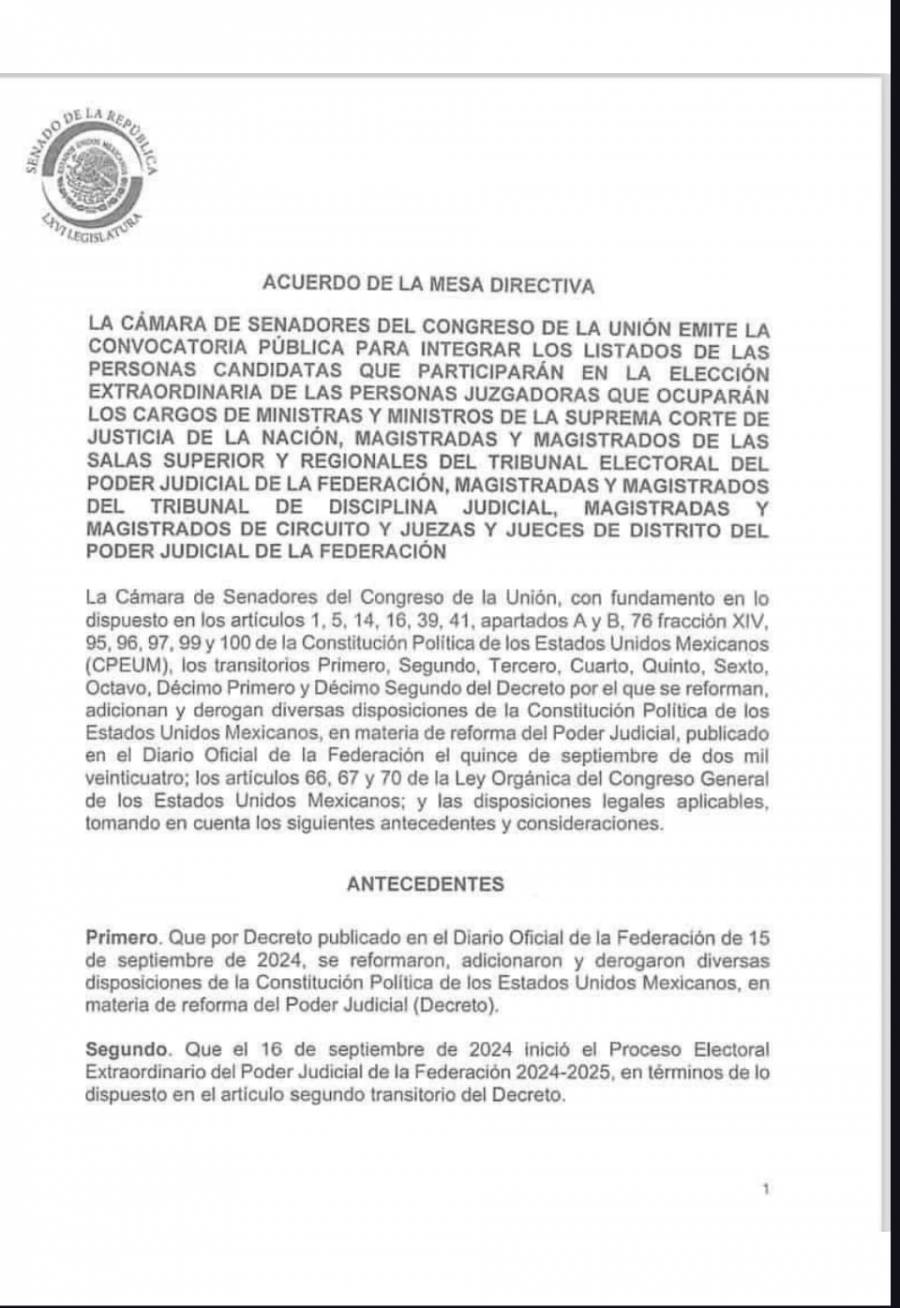 Lista convocatoria para elegir a impartidores de justicia en 2025; pero le falta de una firma de la oposición