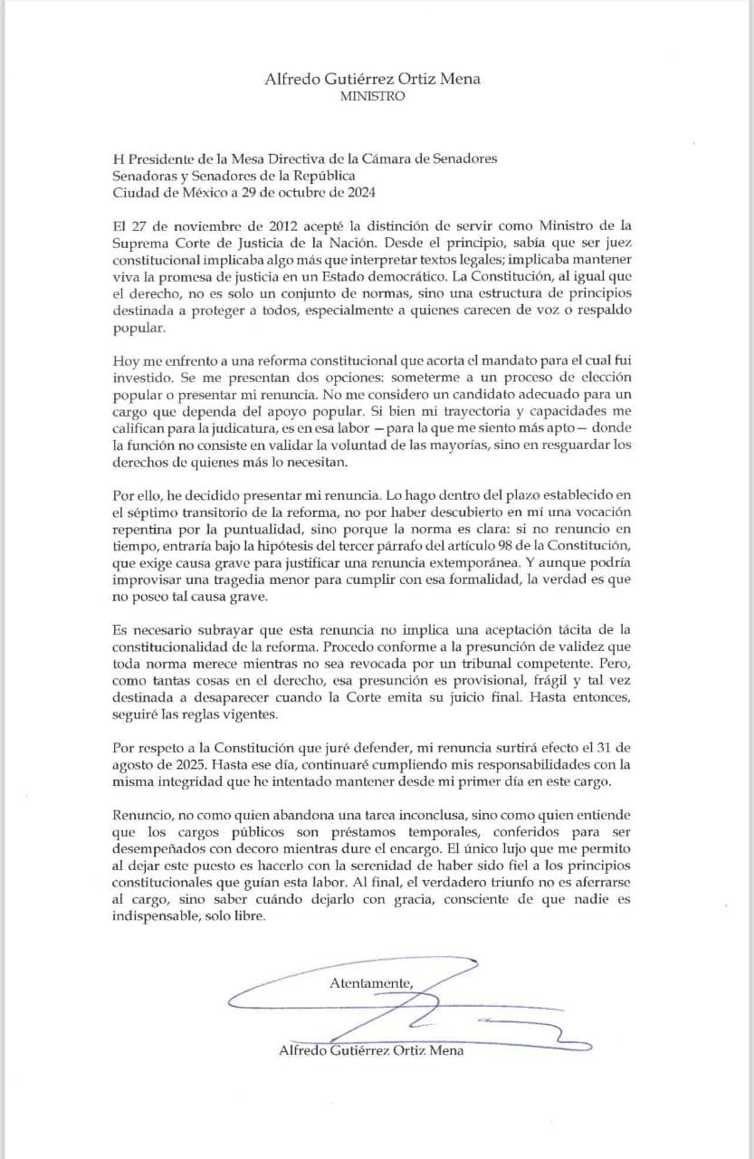 Llega carta de renuncia de ministro Ortíz Mena a Senado