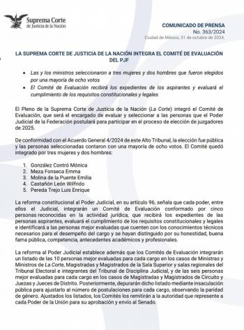 SCJN integra su Comit&eacute; de Evaluaci&oacute;n