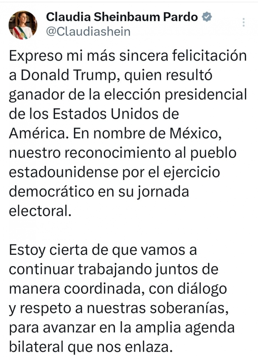 Sheinbaum felicita a Donald Trump por su victoria