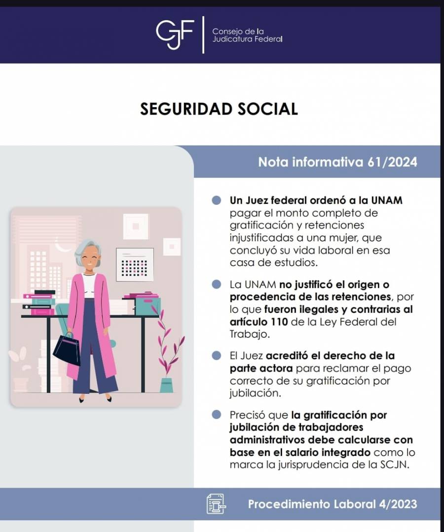 Tribunal Federal ordena a UNAM pagar jubilación completa a empleada