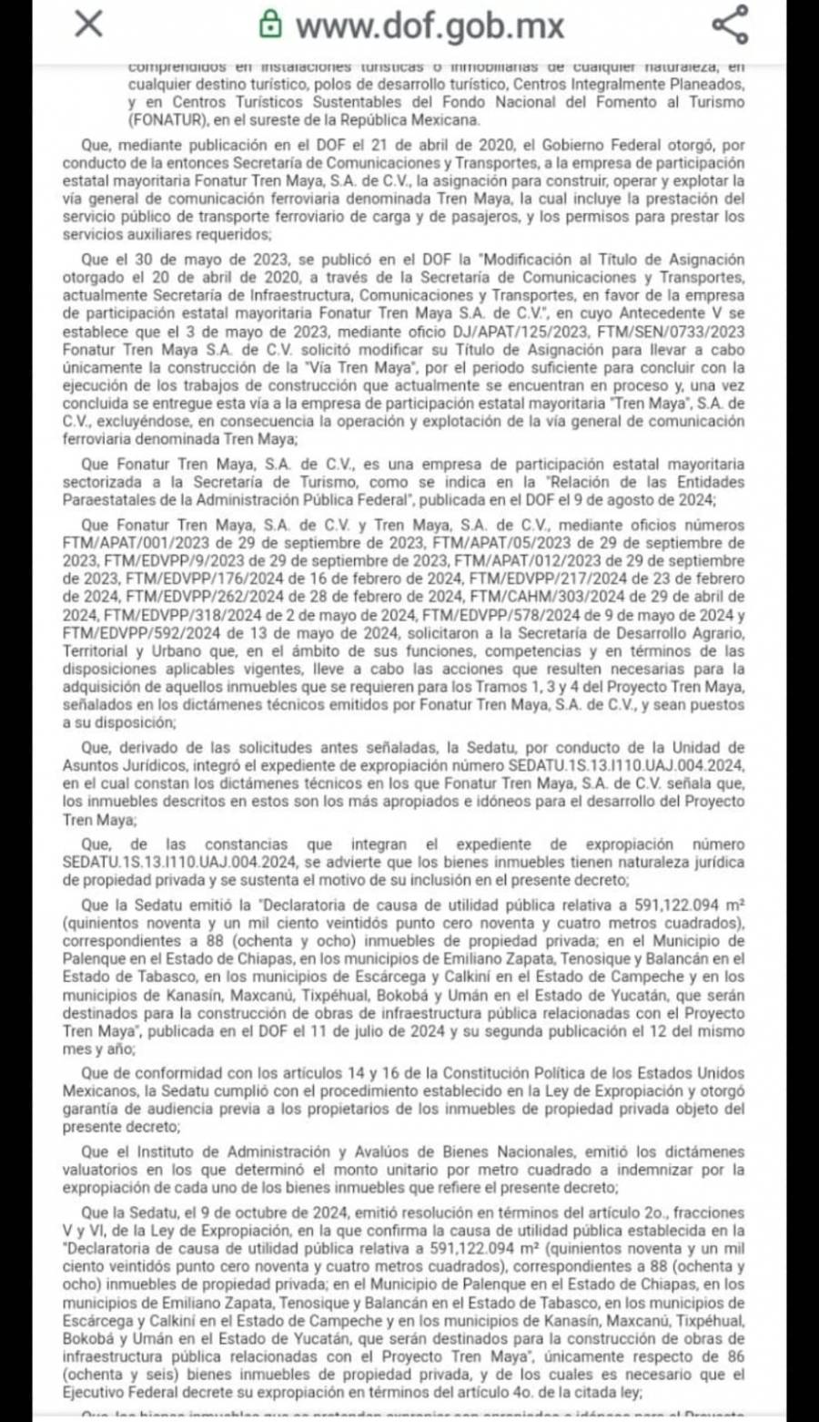 Presidenta expropia 376 mil metros cuadrados de 86 inmuebles para tramos del Tren Maya