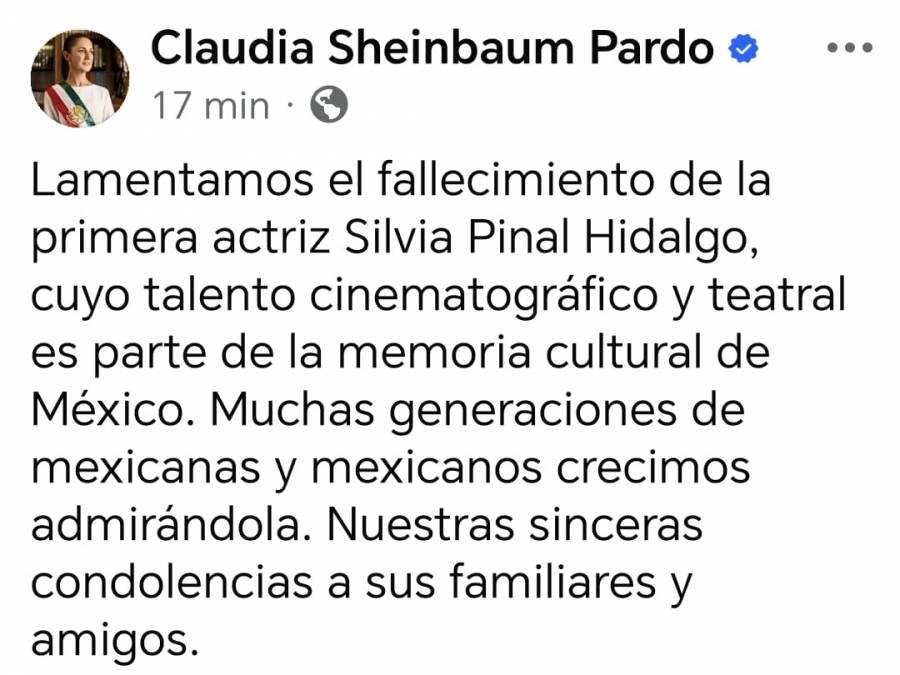 Presidenta Sheinbaum lamenta fallecimiento de Silvia Pinal
