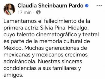 Presidenta Sheinbaum lamenta fallecimiento de Silvia Pinal