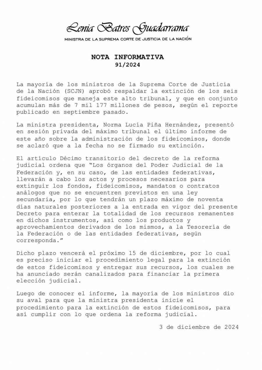 SCJN acuerda extinguir fideicomisos; enviará recursos a Tesorería de la Federación