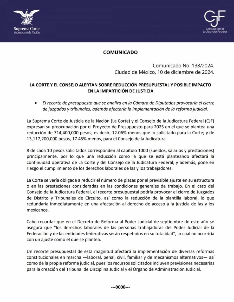 Recortes presupuestales llevarían al cierre de juzgados y tribunales, alerta Poder Judicial