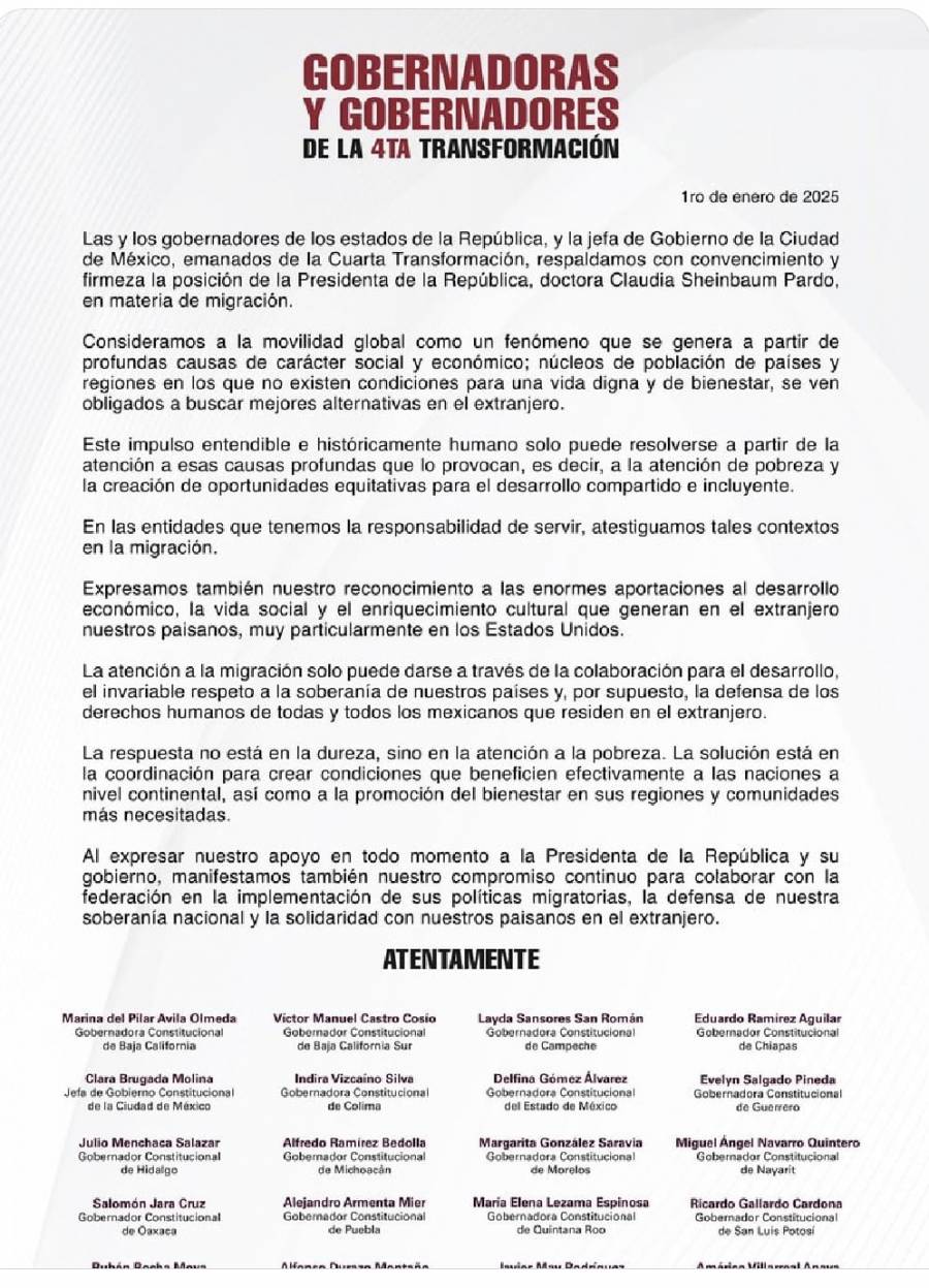 Gobernadores de la 4T dan respaldo a Sheinbaum ante inminentes deportaciones masivas a partir de este mes