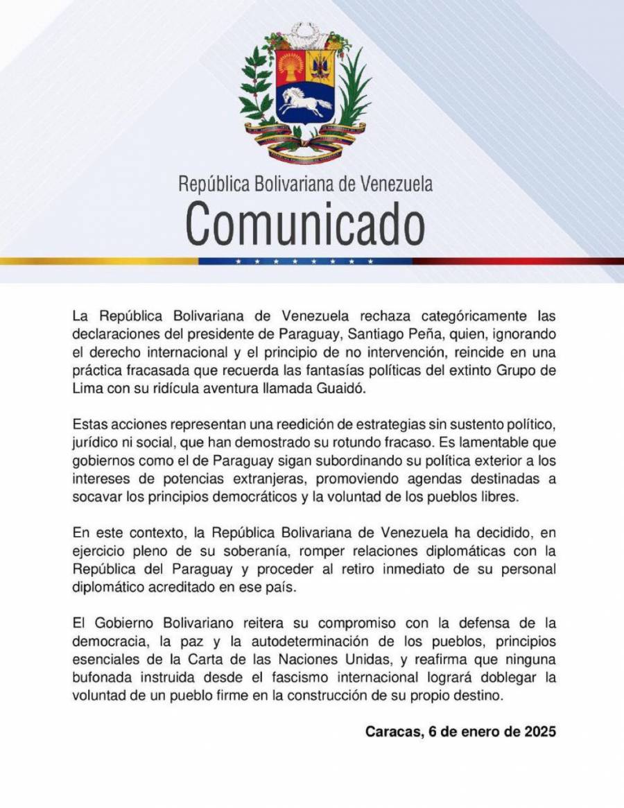 Venezuela rompe relaciones con Paraguay por respaldo a opositor González Urrutia