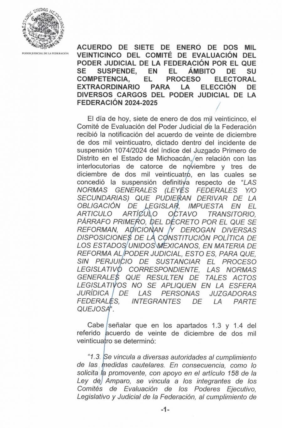 SCJN suspende funciones del comit&eacute; de evaluaci&oacute;n para candidatos a jueves, magistrados y ministros