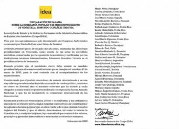 Expresidentes de Iberoam&eacute;rica respaldan soberan&iacute;a popular y nuevo presidente electo de Venezuela